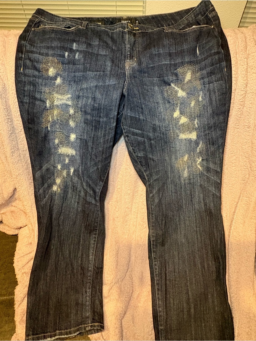 torrid Dark Blue Straight Leg Jeans with Distressed Accents
